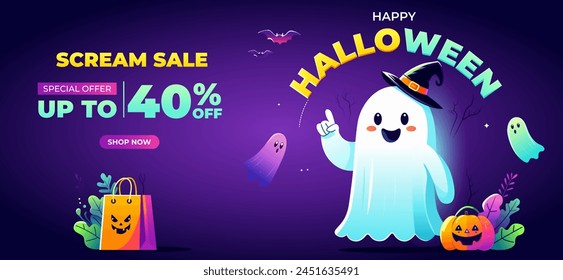 Spooky Halloween festive banner for sale 40% off with cute ghost spirit, bats, scary pumpkin, and shopping bag on an bright purple background. Halloween Sale Promotion Poster template. Halloween Party