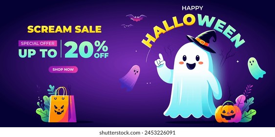 Spooky Halloween festive banner for sale 20% off with cute ghost spirit, bats, scary pumpkin, and shopping bag on an bright purple background. Halloween Sale Promotion Poster or banner template. Web