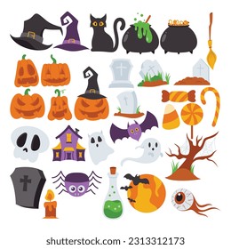 Famosos elementos de diseño plano de Halloween. Ilustración de caricatura de Halloween aislada en fondo blanco. icono de elemento aterrador y escalofriante. Elementos de diseño para los conceptos de vacaciones tradicionales y culturales.