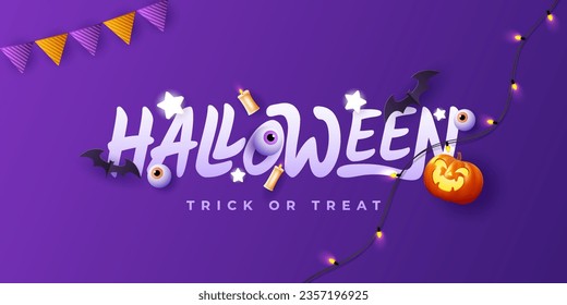 Spooky Halloween with flat holiday icons on purple background. Pumpkin with a scary expression and other scary elements.Vector illustration.