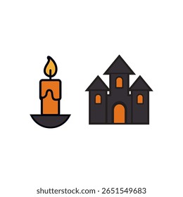 Vetor plano de Halloween assustador de vela e casa assombrada com janelas brilhantes, ideal para convites de festa, impressões com tema de horror e decorações sazonais digitais