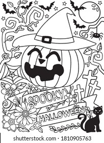 Spooky Halloween font with Jack O’ Lanterns cartoon, pumpkin head, bats and flower elements. Hand drawn lines. Doodles art for greeting cards, invitation or poster. Coloring book for adult and kids.