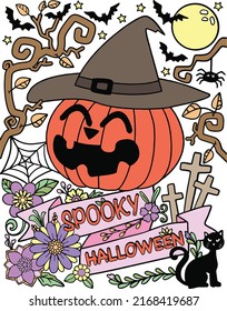 Spooky Halloween font with Jack O’ Lanterns cartoon, pumpkin head, bats and flower elements. Hand drawn lines. Doodles art for greeting cards, invitation or poster. Coloring book for adult and kids.