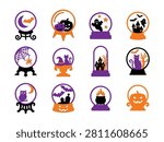 Spooky halloween fortune teller crystal ball set with haunted house clipart