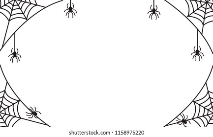 spooky halloween frame or border with black spider web and hanging spiders, vector illustration for halloween party invitation or scary greeting card