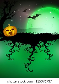Espectacular Halloween luna llena fondo de noche con ramas de árboles muertos, calabazas y murciélagos voladores. EPS 10.