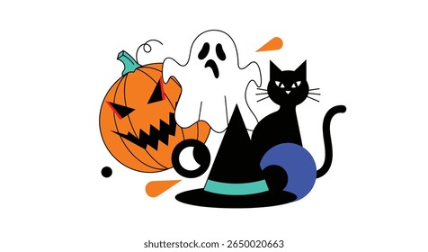 Spooky halloween gathering featuring a jack o lantern ghost cat witch hat and festive decorations