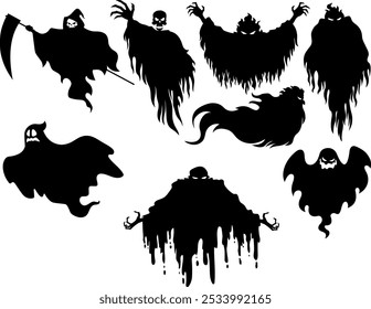 Spooky Halloween Ghost Black Silhouettes. Vector Hand Drawn Collection Set Isolated On Transparent Background