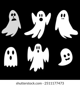 Spooky Halloween Ghost Collection. Cute Creepy Decoration Set. Mystical Ghosts Illustration. 31st October Party Decor.