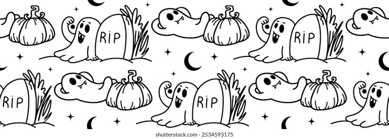 Espeluznante fantasma de Halloween doodle patrón. Lindo contorno poltergeist Se encuentra en la calabaza, cementerio. Personajes de dibujos animados espeluznantes. Fondo de fiesta de Halloween con monstruos. Ilustración vectorial para el Fondo de pantalla.