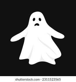 Spooky halloween ghost flat illustration. Ghost with scary face isolated on black background. vector illustration