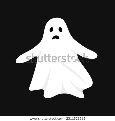 Spooky halloween ghost flat illustration. Ghost with scary face isolated on black background. vector illustration