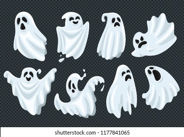 Spooky halloween ghost. Fly phantom spirit with scary face. Ghostly apparition dead ghoul boohoo cute face or whisper in white fabric, haunting humor holiday vector illustration cartoon symbol set