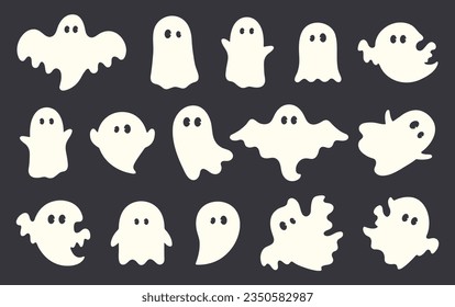 Spooky halloween ghost. Fly phantom spirit with scary face. Ghostly apparition in white fabric vector illustration set