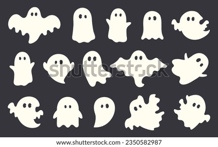 Spooky halloween ghost. Fly phantom spirit with scary face. Ghostly apparition in white fabric vector illustration set