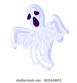 Spooky Halloween ghost icon on white background. White scary ghost silhouette character for Halloween holiday. Cartoon death sign. Vector illustration