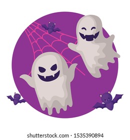 spooky halloween ghost with icons of halloween vector illustration design