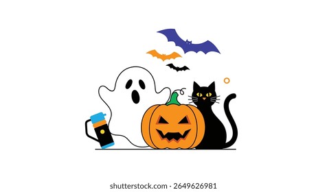 Spooky halloween ghost pumpkin black cat bats flying around a glowing lantern for a mysterious night celebration