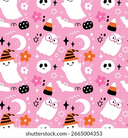 Spooky Halloween Ghost and Pumpkin Pink Seamless Print