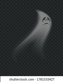 Fantasma espeluznante de Halloween, silueta monstruo temible realista. Flying phantom con triste expresión facial. Espíritu atemorizante o ilustración vectorial aislada de ghoul. Carácter misterioso o pesadilla