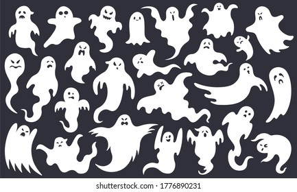 Spooky halloween ghost. Scary ghost characters, fly funny spook, cute smiling scare halloween ghost mascots vector illustration set. Halloween ghost white, spooky cartoon poltergeist