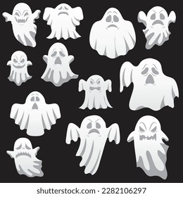 Spooky Heilbutt. Gruselige Geisterfiguren, lustige Löffel fliegen, süße lächelnde Schrecken zwischen Geistermaskottchen, Vektorgrafik Set. Halloween-Geist weiß, poltergeist-Charakter. 