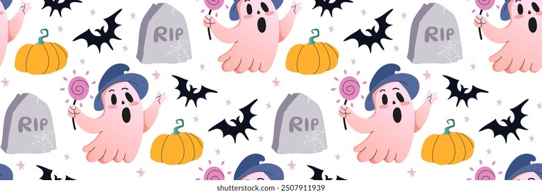 Spooky Halloween ghost seamless pattern. Cute poltergeist in witch hat with lollipop in hand. Spooky cartoon characters. Halloween background with pumpkin, tombstone, bat. Vector flat illustration.