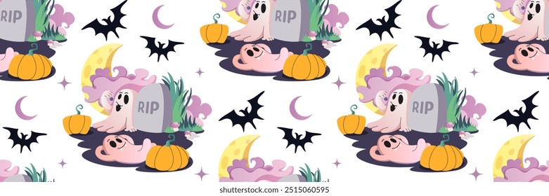 Fantasma assustador padrão sem costura Halloween. Fantasma bonito tem piquenique no cemitério. Personagens assustadores dos desenhos animados. Fundo de Halloween com abóbora, lápide, morcego. Ilustração plana vetorial.