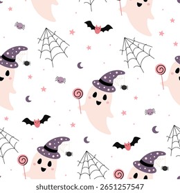 Spooky Halloween ghost seamless pattern.  Scary Halloween vector background