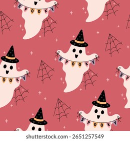 Spooky Halloween ghost seamless pattern.  Scary Halloween vector background