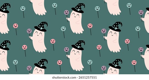 Spooky Halloween ghost seamless pattern.  Scary Halloween vector background