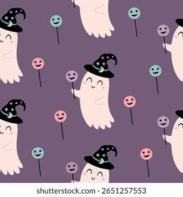 Spooky Halloween ghost seamless pattern.  Scary Halloween vector background