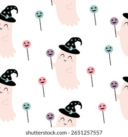 Spooky Halloween ghost seamless pattern.  Scary Halloween vector background