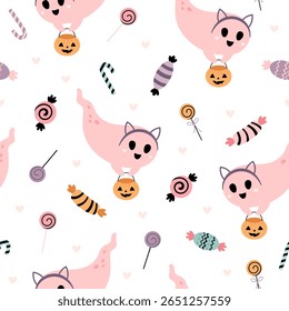 Spooky Halloween ghost seamless pattern.  Scary Halloween vector background