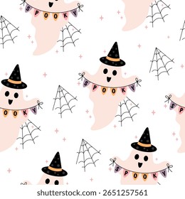 Spooky Halloween ghost seamless pattern.  Scary Halloween vector background