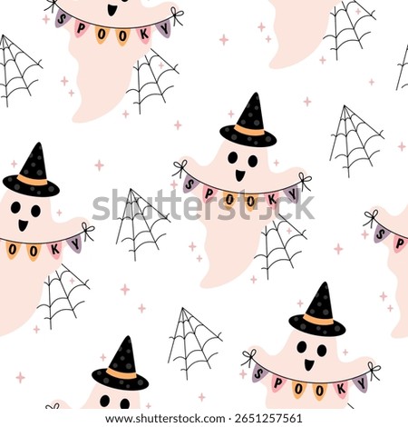 Spooky Halloween ghost seamless pattern.  Scary Halloween vector background