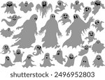 Spooky halloween ghost silhouette bundle. Halloween ghost, spooky cartoon poltergeist. Scary ghost characters, fly funny spook, cute smiling scary halloween ghost mascots vector illustration set