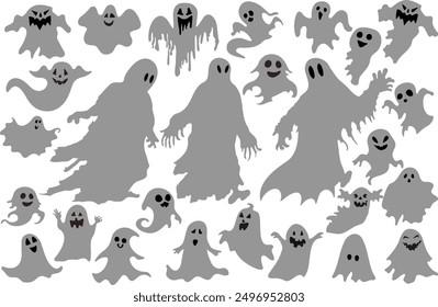 Paquete fantasma de la silueta de Halloween. Fantasma de Halloween, espeluznante poltergeist de dibujos animados. Personajes fantasma de miedo, mosca divertido spook, lindo sonriente de miedo Halloween fantasma mascotas conjunto de Ilustración vectorial