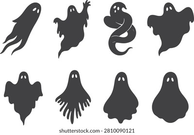 Spooky halloween ghost silhouettes collection creepy floating phantom and specter characters set for holiday decorative graphics
