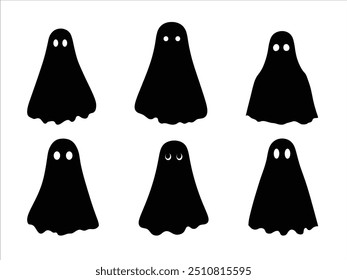 Silhuetas Fantasmas de Halloween Assustadoras | Clipart de vetor preto e branco assustador para desenhos assombrados.