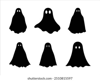 Silhuetas Fantasmas de Halloween Assustadoras | Clipart de vetor preto e branco assustador para desenhos assombrados.