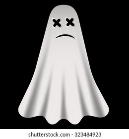 Spooky Halloween Ghost in white sheets flying with a creepy face in the dull faces and the eyes crosses. All isolated.