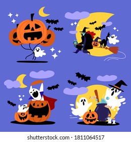 Spooky Halloween Ghost And Witch Character Vector Illustration Design Collection
