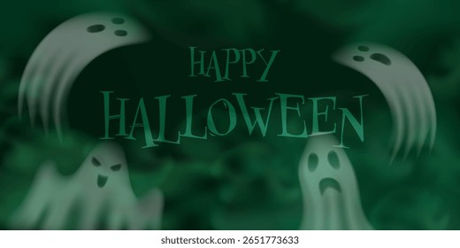 Plano de fundo de fantasmas de Halloween assustador. Névoa Verde e atmosfera assombrada. Ilustração vetorial para festa, banner, cartaz, web design.