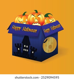 Spooky Halloween gift box with pumpkins on orange background