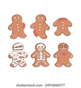 Spooky Halloween Gingerbread hombre Vector Clip-arte conjunto aislado en blanco. 