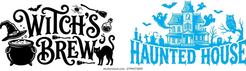 Spooky Halloween graphics featuring Witch's Brew and Haunted House themes for party decorations and festive ambiance