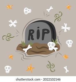 Spooky Halloween grave in doodle style.  Design for the holiday Halloween. Vector decoration . 