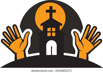 Túmulo de Halloween assustador com mãos laranja rezando e logotipo da Igreja