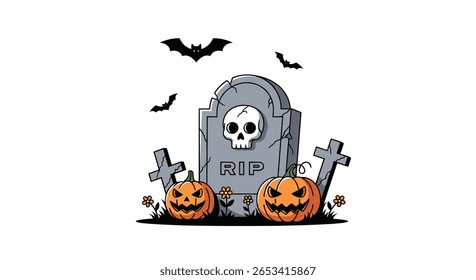Spooky halloween gravestone with pumpkins and bats flying over graveyard scene